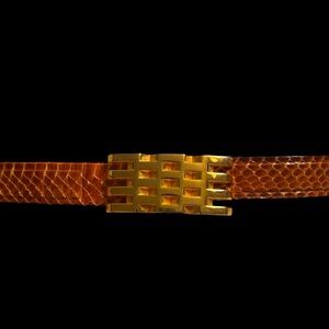 Vintage Brown Snakeskin Belt with Brutalist Gold Buckle | S/M